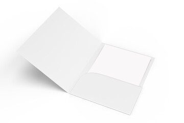3D A4 paper single pocket folder, open leaflet mockup isolated on background. Blank bifold folder paper template for business presentation document, flyer, catalogue or creative work