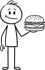 Stick figure holding burger drawing vector illustration for fast food restaurant design concept art