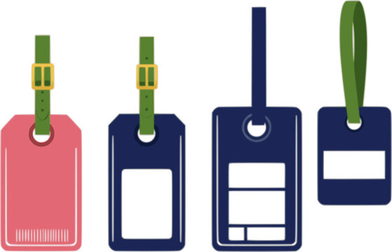 Luggage tags vector illustration set isolated PNG. Colorful travel baggage labels in pink and navy blue with green straps. Perfect for airline travel design projects, banner, post and social media PNG