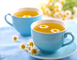 Two light blue teacups of chamomile tea sit on a light blue placemat with chamomile flowers