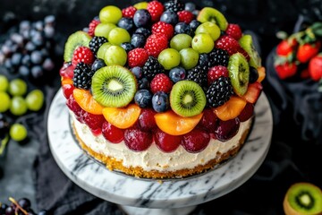 A creamy cheesecake, adorned with a vibrant array of fresh fruits including raspberries, blueberries, blackberries, kiwi, grapes, and apricots, sits on a marble cake stand against a dark background