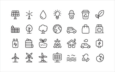 Eco energy line icons, solar, wind, water, and sustainable environment solutions