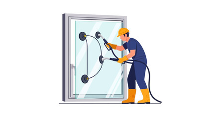 Window installation concept. Worker with suction tools attaching glass panel to a window frame, demonstrating modern glazing techniques. Vector illustration.