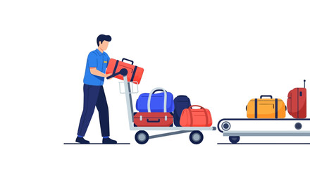 Airport luggage handling concept. Worker managing baggage on trolley and conveyor belt system. Vector illustration.