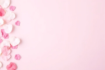 Pink and white heart-shaped petals scattered on a soft pink background with copy space for Valentine's Day or romantic themes