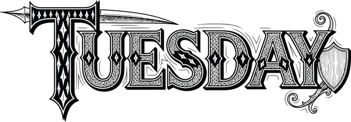 Tuesday typography vector design with sword and shield illustration for graphic designers