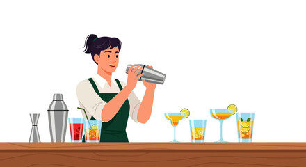 Bartender making cocktails set. Illustration of a professional bartender preparing drinks with shaker, various glasses, and garnishes. Vector illustration.