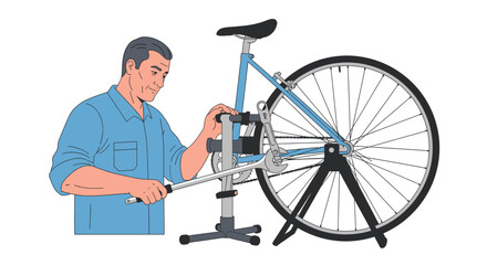 Bicycle repair concept. Person using tools to adjust bike on a stand. Vector illustration.
