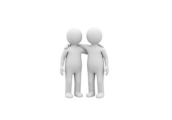 Two 3d figures stand with arms around each others shoulders, representing friendship and support isolated on transparent background