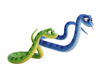 Naklejka premium Two cartoon snakes, one green and one blue, interact with each other, displaying playful expressions.