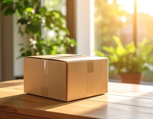 Cardboard box on wooden table, sunlight streaming through window