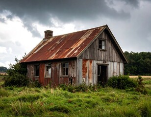 Rustic weathered house in a grassy field under a stormy sky