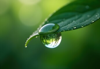 Water Droplet on Leaf with Reflection