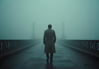 Mysterious Man Walking in Dense Fog