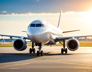 White passenger jet on tarmac, sunlit