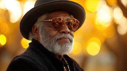 Elegant senior African American man with hat and glasses in front of a beautiful golden bokeh