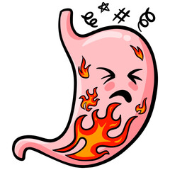 Cartoon Flat Unhealthy Stomach Character with Fire Feeling Pain Anatomy