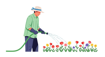 Gardening activity illustration. Person watering colorful flowers in a garden bed with hose. Vector illustration.