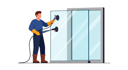 Glass installation illustration. Professional worker handling large glass panel using suction tools. Vector illustration.