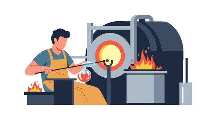 Glassblowing workshop. Craftsman shaping molten glass with furnace and tools. Vector illustration.
