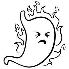 Outline Handdrawn Upset Stomach Pain with Fire Cartoon Illustration