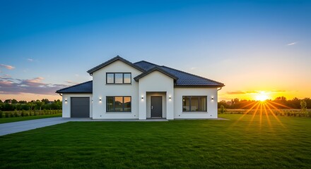 Beautiful exterior of newly home with green grass and blue sky during at sunrise. of  house for sale.,Rent,Housing and  concept.