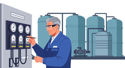 Industrial operator at control panel. Technician monitors pressure gauges in a water filtration plant with large tanks. Vector illustration.