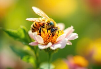 A honeybee, wings slightly spread, actively collects pollen from a pale pink flower with a vibrant yellow center, set against a softly blurred background of similarly colored blooms in warm sunlight