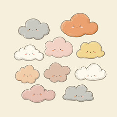 An adorable collection of cute, kawaii-style cartoon clouds with sweet smiling faces in a soft pastel color palette, perfect for nursery decor and children's designs.
