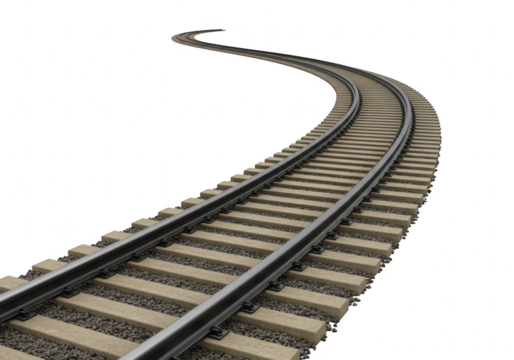 A curved railway track isolated on a transparent background