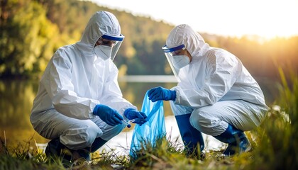 Environmentalists cleaning riverbank