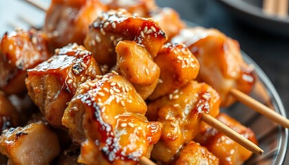 Glazed chicken skewers with sesame seeds image