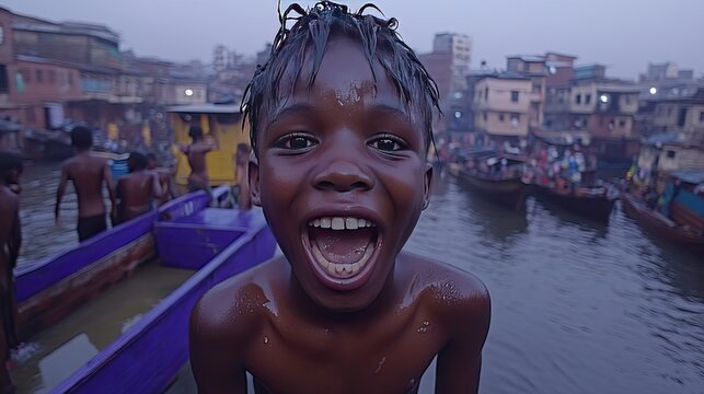Joyful boy in Makoko lagoon, Lagos, portrait of child's excitement amidst boats and community