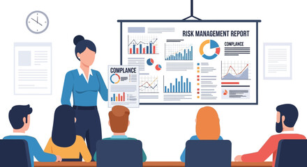 Risk management presentation. Businesswoman presenting compliance and report data analysis to team in office meeting. Vector illustration.