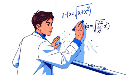 Mathematics concept illustration. Scientist or mathematician writes complex equations on a whiteboard during study or research. Vector illustration.