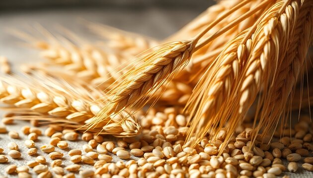 Golden wheat stalks and grains close up agriculture