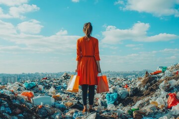 Modern woman standing on a landfill with shopping bags, symbolizing the conflict between consumerism and environmental pollution, promoting awareness of sustainable choices, Generative AI