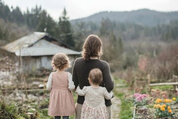 Happy family with two small daughters having fun outdoors in the spring nature, enjoying family activities in a vibrant seasonal setting, Generative AI