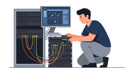 IT maintenance concept. Technician configuring server rack and monitoring network on computer screen. Vector illustration.