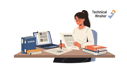 Technical writer workspace. Professional individual writing and editing manuals with laptop, documents, and books. Vector illustration.