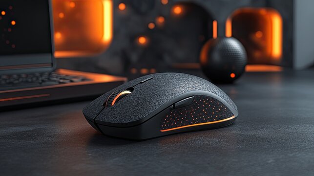 Modern wireless computer mouse with stylish black and orange accents on a desk setting
