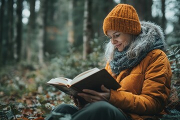 Senior woman relaxing and reading a book outdoors in a forest,  leisure time and the calming effects of nature, Generative AI