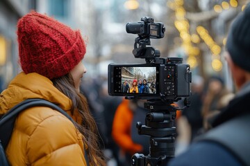 Young couple recording a video with a smartphone outdoors on the street, capturing a fun and spontaneous moment for social media, reflecting the trend of creating online content, Generative AI
