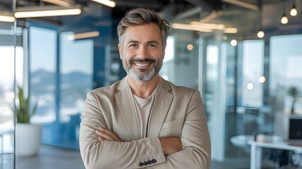 Fototapeta premium Confident Middle-Aged Businessman Smiling in Modern Office Environment