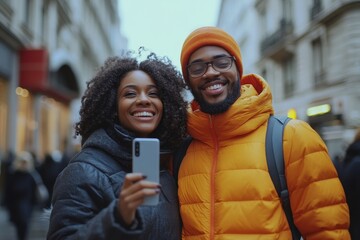 Young couple recording a video with a smartphone outdoors on the street, capturing a fun and spontaneous moment for social media, reflecting the trend of creating online content, Generative AI
