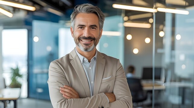 Confident Middle-Aged Businessman Smiling in Modern Office Environment