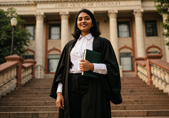 Confident young Indian female lawyer standing proudly on the steps of a courthouse building