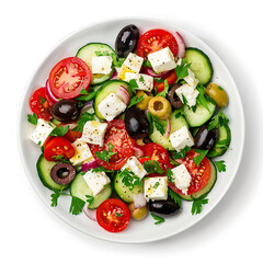 Fresh Greek Salad with Tomatoes, Cucumbers, Olives, Feta Cheese, and Herbs