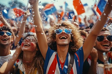 French football fans celebrating their team's victory at a stadium, showcasing the excitement and joy of sports culture, Generative AI
