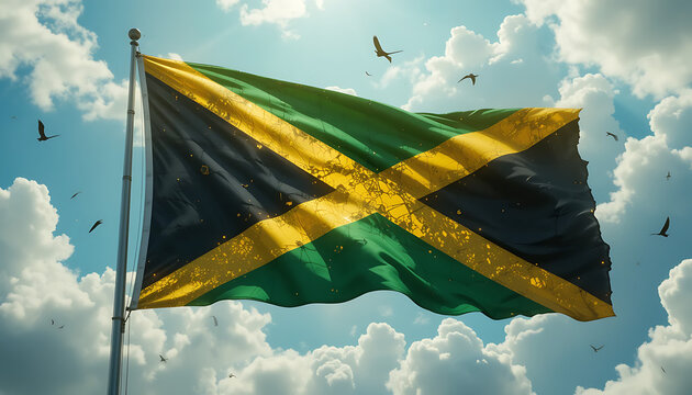 The Jamaican flag waving against a bright blue sky with scattered clouds and birds flying.